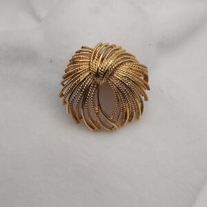 Vintage Monet Mirador Brooch | Signed Goldtone Sculptural Fan Pin | Mid-Century